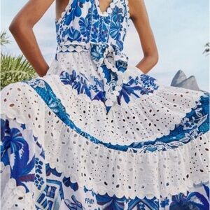 FARM Rio Cobalt Blue & White Signature Tiered  Embroidered Maxi Dress Sz XL